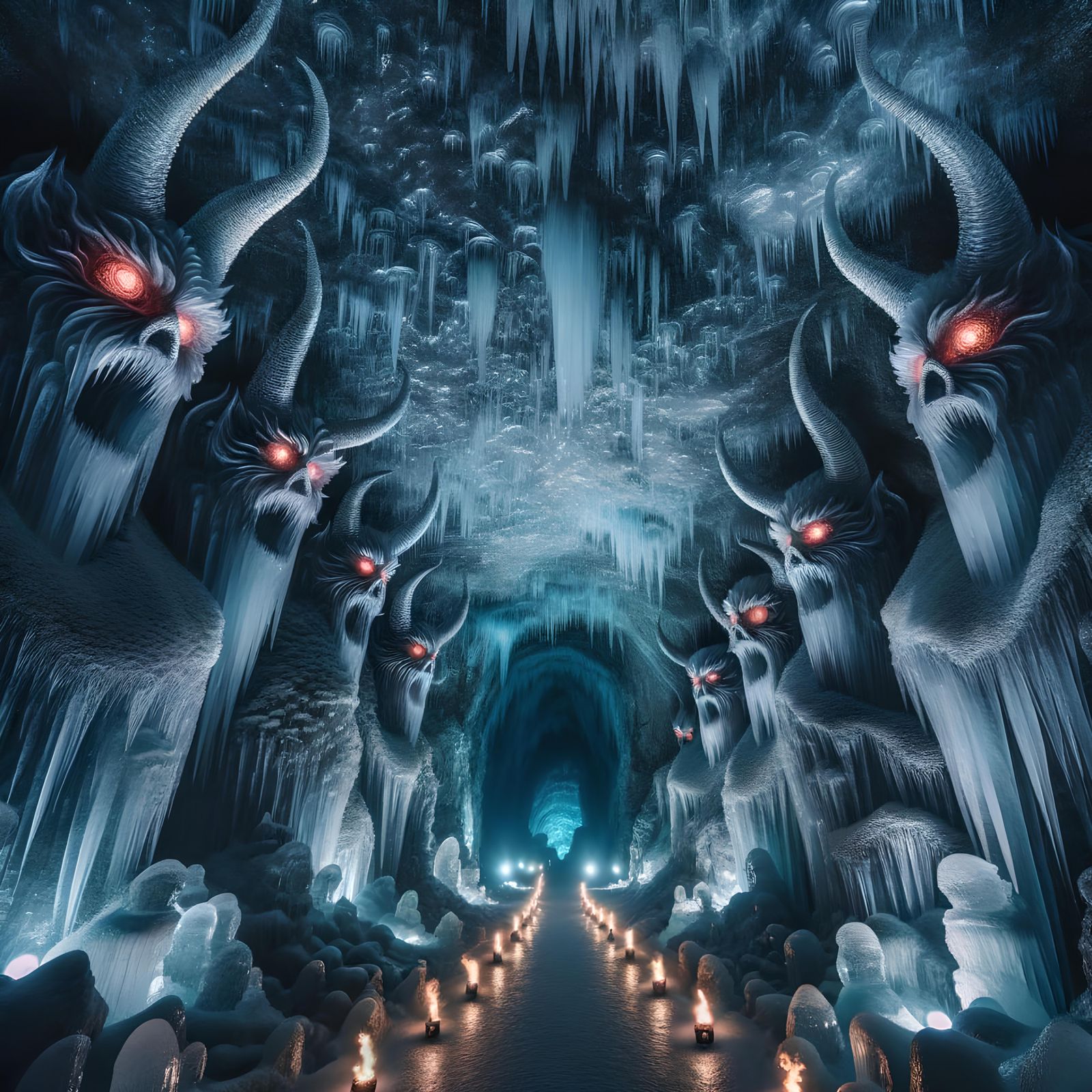 Magical Ice Cave with Crystal Stalactites and Horned Figures