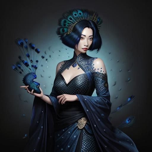 Peacock Feathered Woman: Comic Book Art Portrait