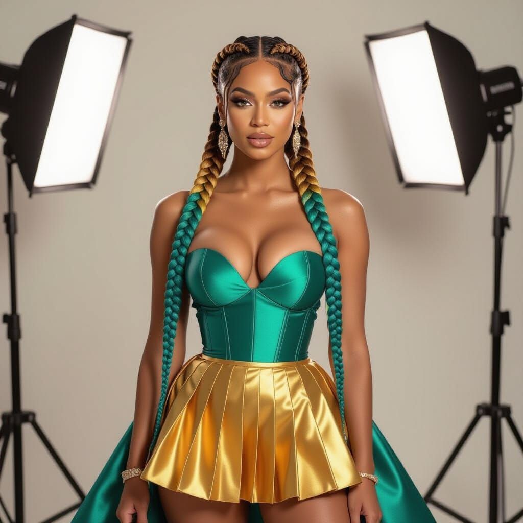 Golden-Toned Woman with Teal Gold Ombre Braids in Studio
