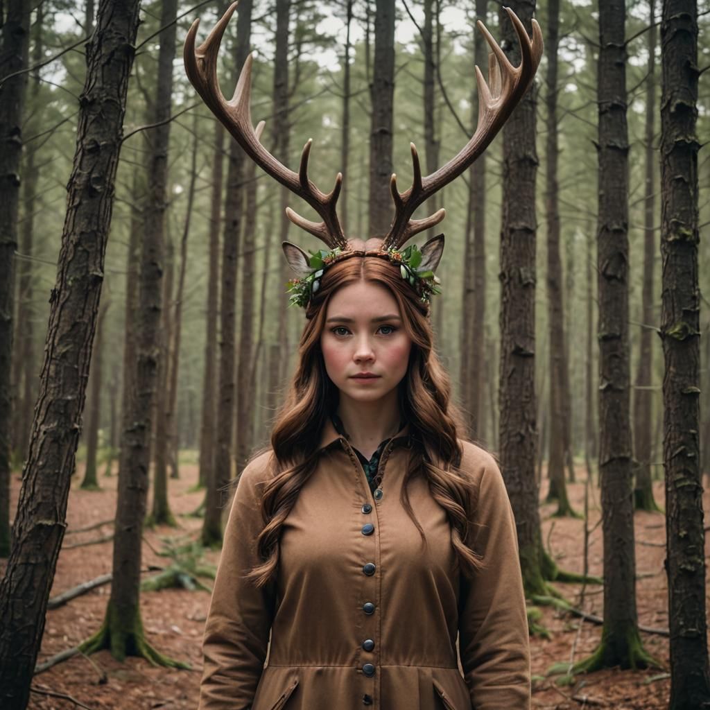 Girl with Antlers in Enchanted Forest Portrait
