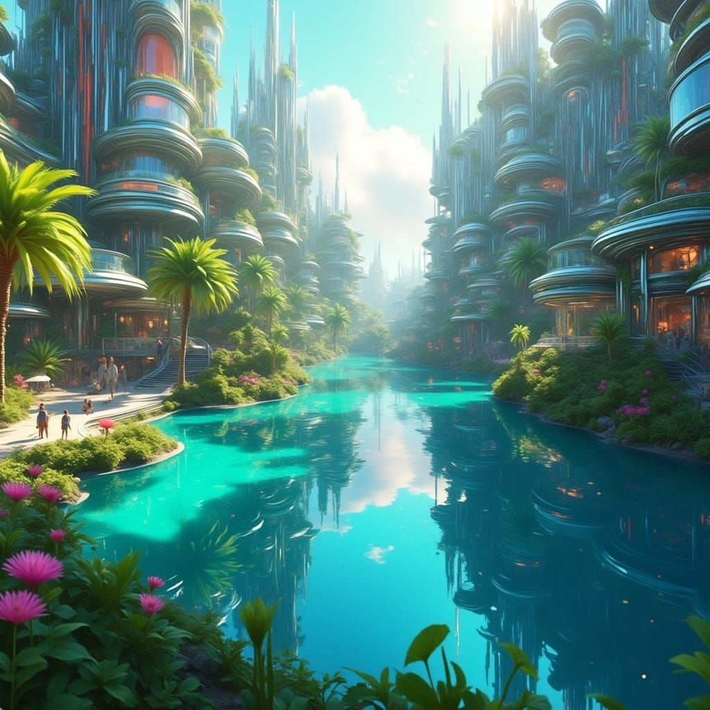 Cityscape with Futuristic Canals from a Street Level Perspec...