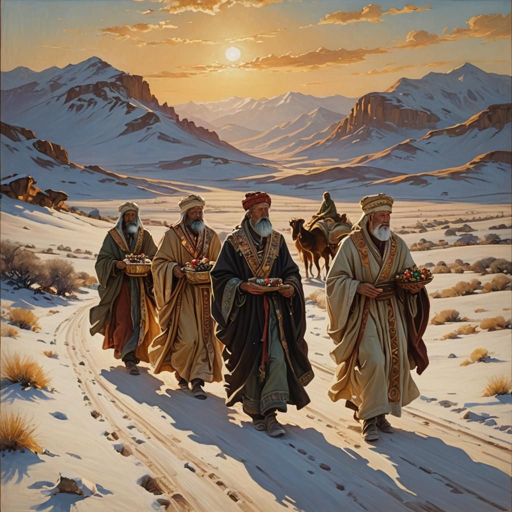 Three Wise Men in Snowy Desert: Oil Painting