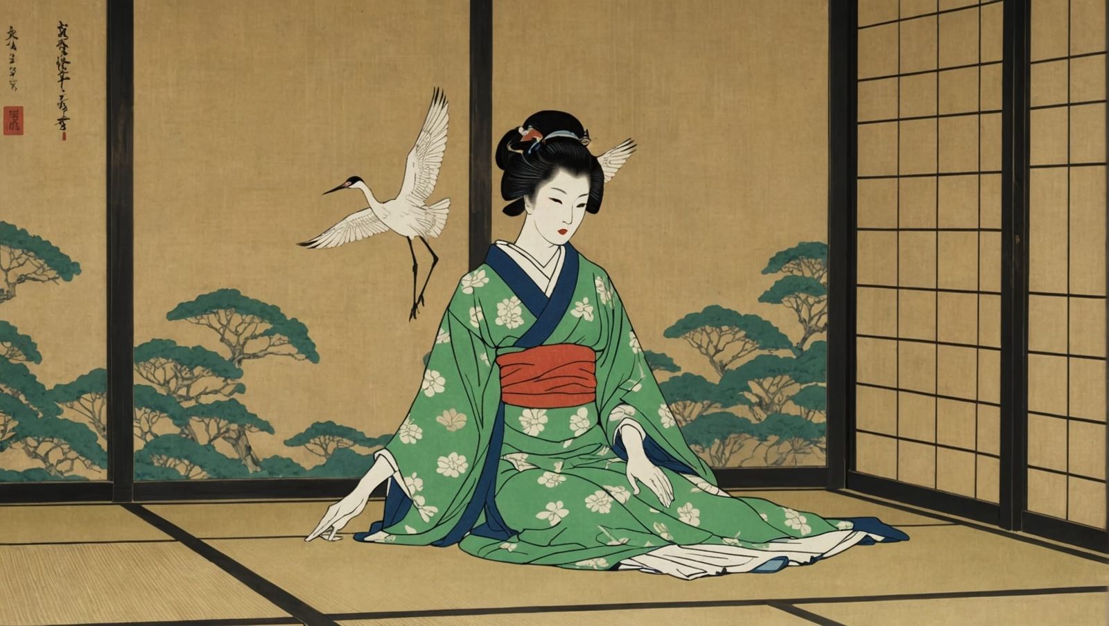 Geisha in Kimono with Crane Painting, Ukiyo-e Style