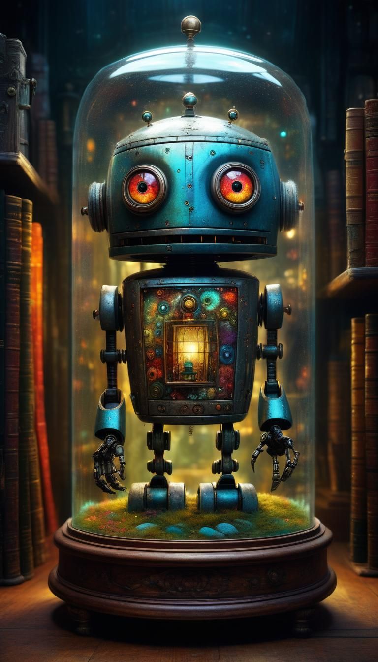 Colorful Furry Robot in Glass Case: Whimsical Art