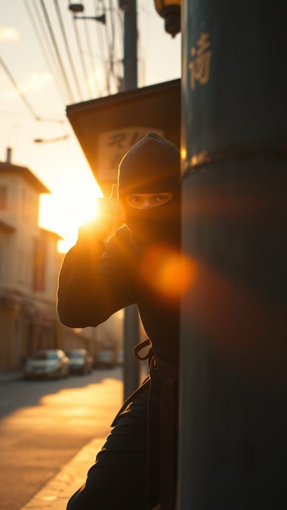 Ninja Hiding in Shadow at Sunset: Cinematic Film Still
