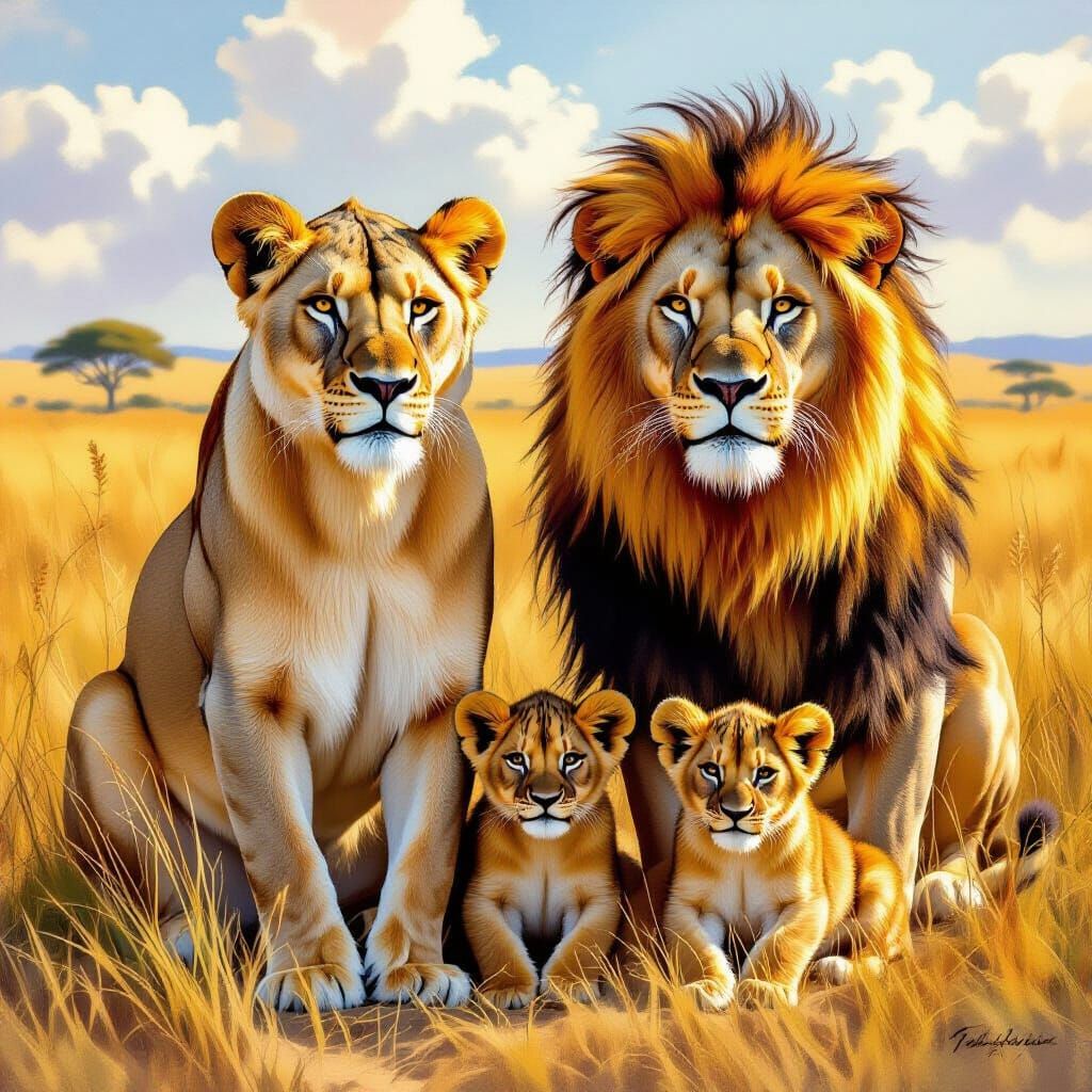 Lion Family Portrait in Wildlife Art Style