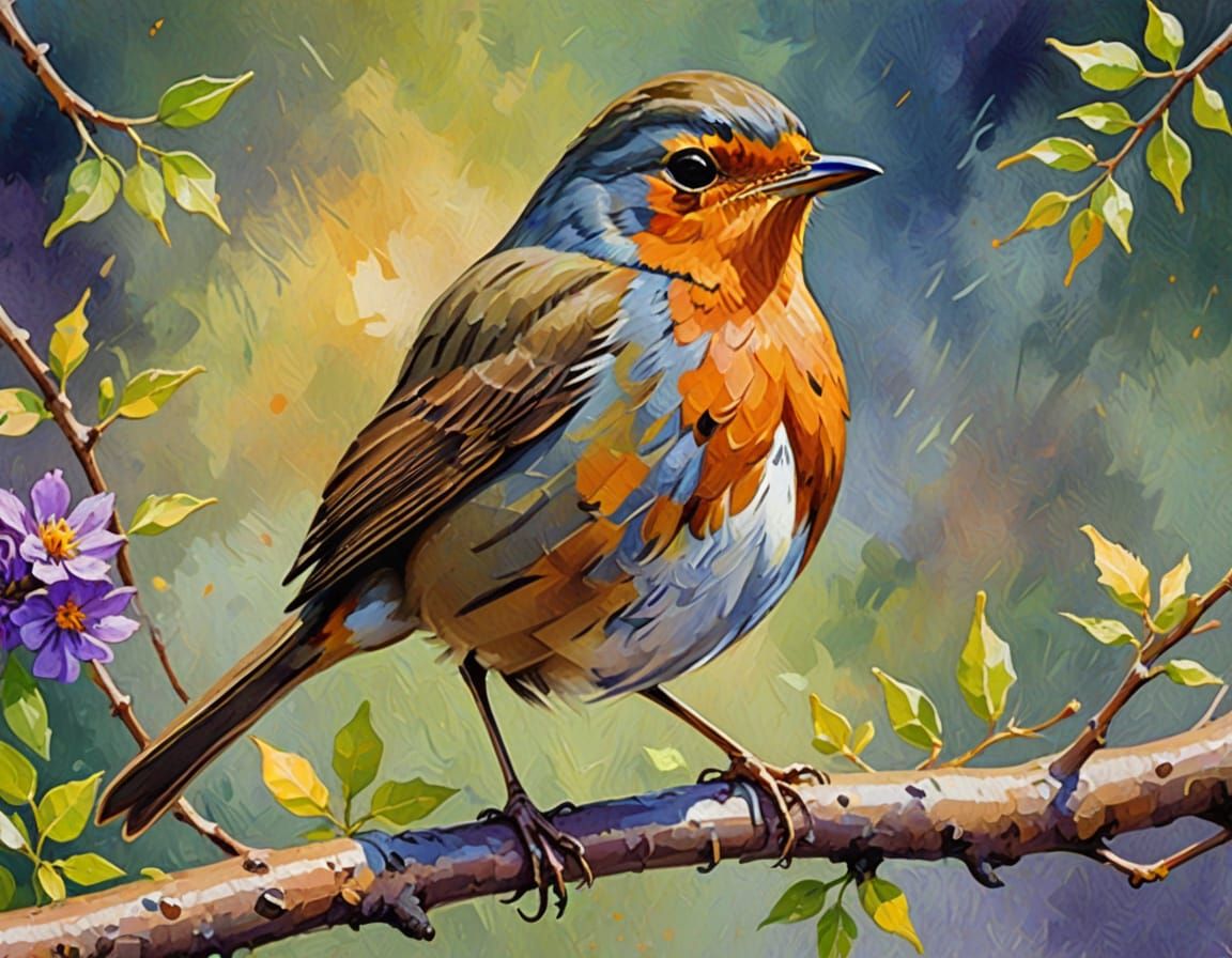 Proud Robin in Gouache and Watercolor Style