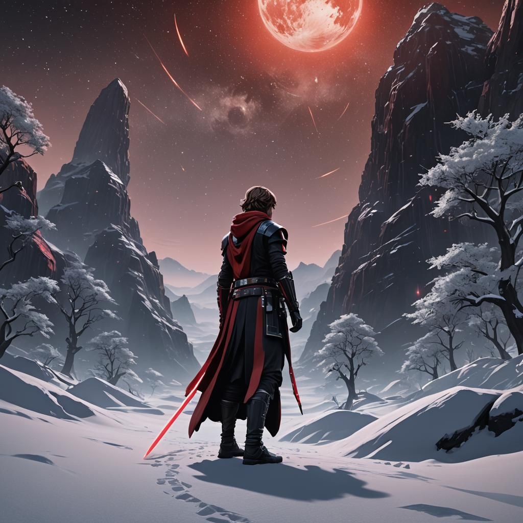 Sith Warrior in Red Armor on Snowy Planet
