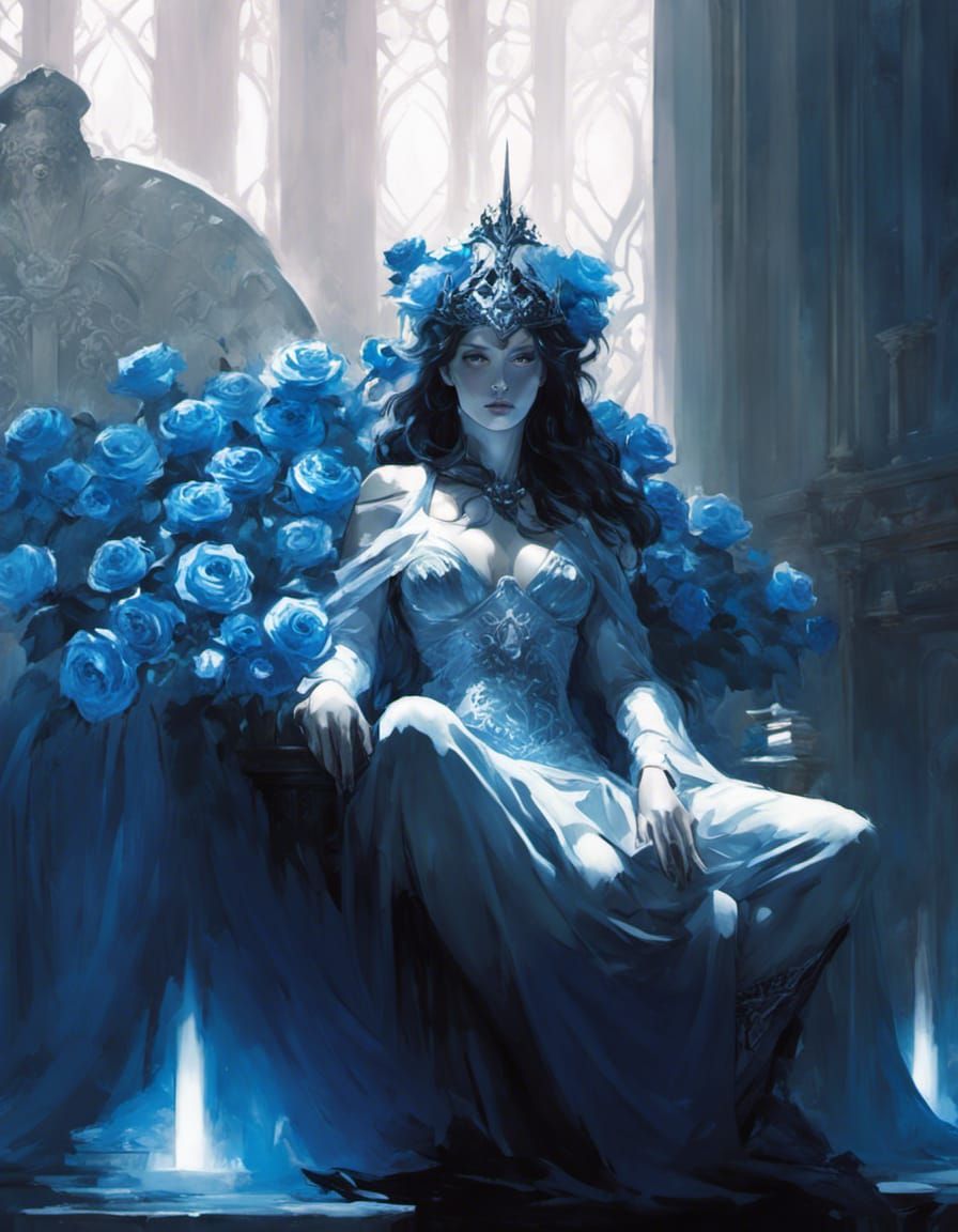 Goddess Hel on Throne with Blue Roses