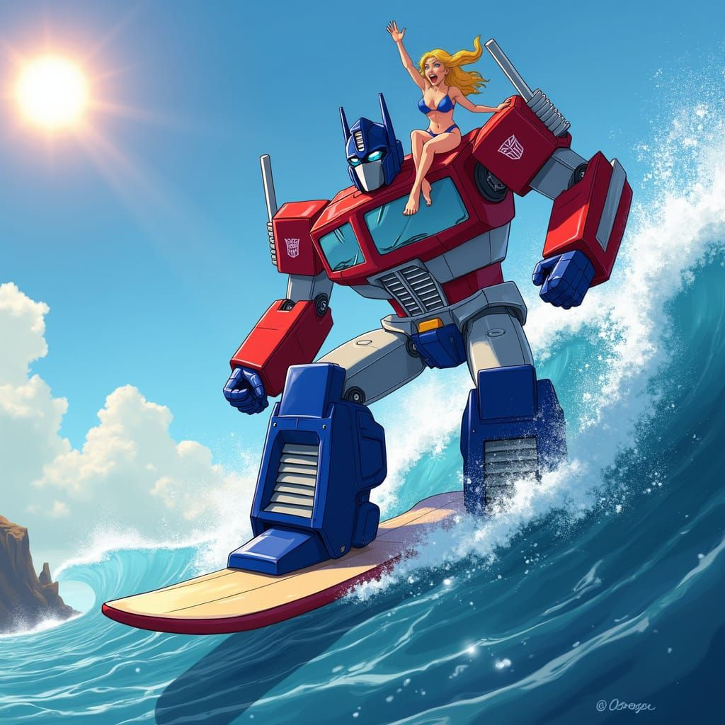 Optimus Prime Surfing Oregon Coast in G1 Cartoon Style