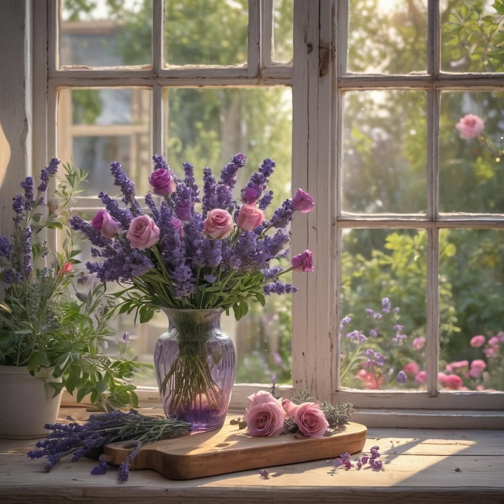 Floral Still Life with Lavender and Roses