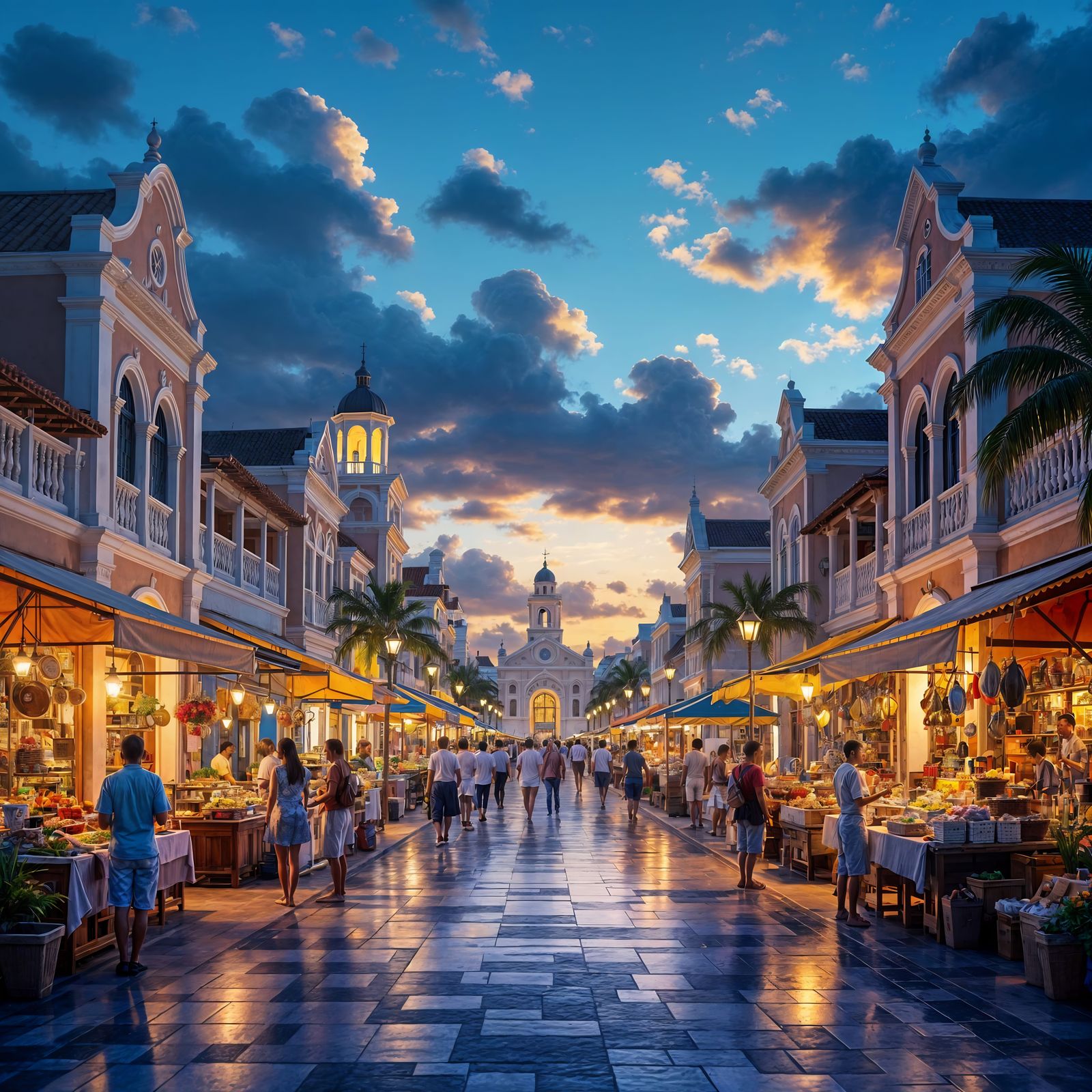 Oranjestad, Aruba Plaza Market at Dusk in Digital Art