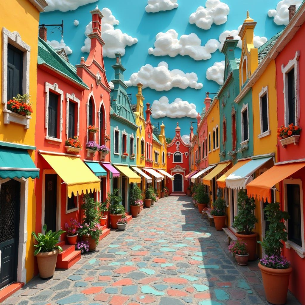 Colorful Papier Mache Cityscape Art