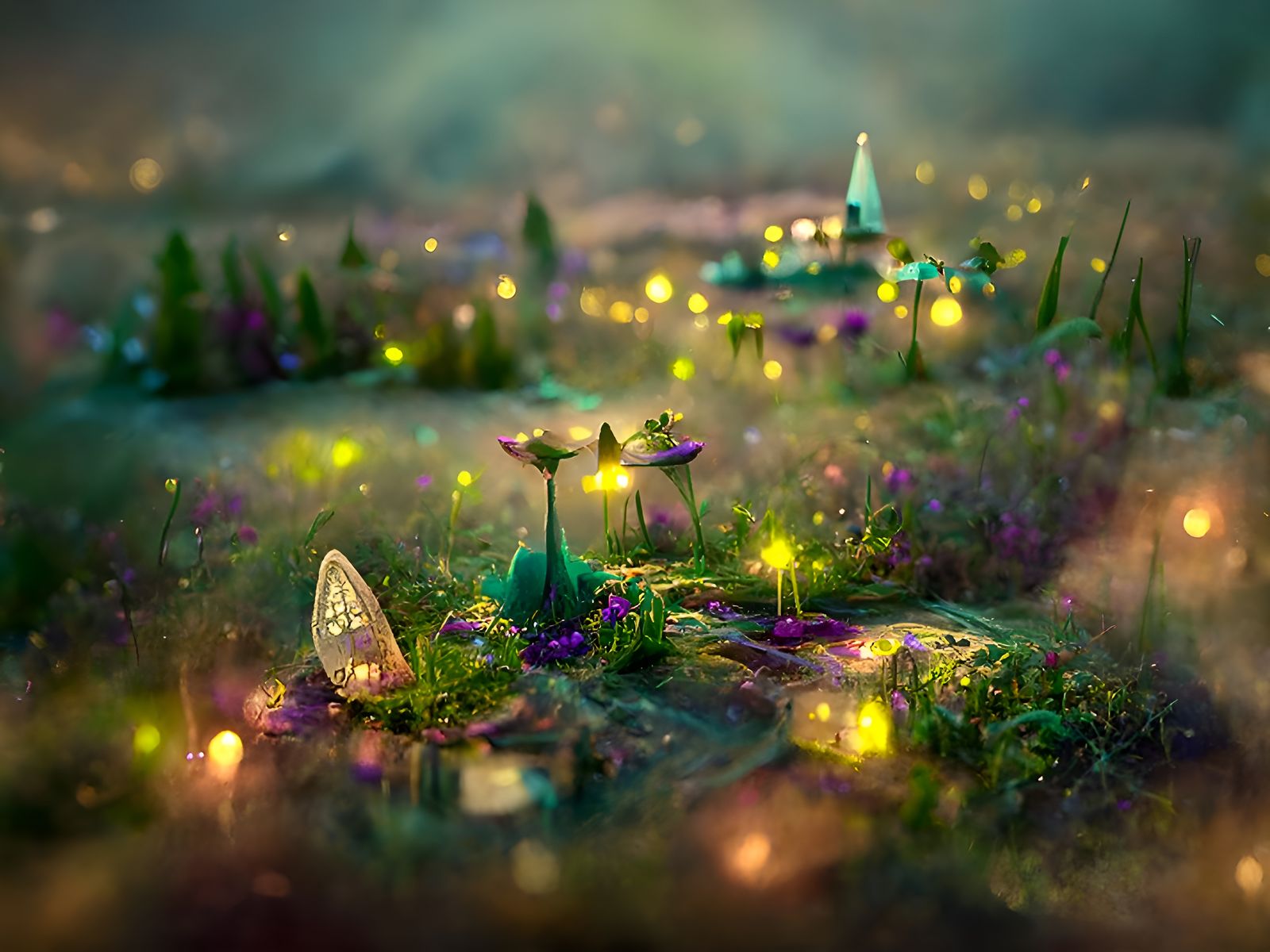 Magical Miniature Village in Bioluminescent Meadow