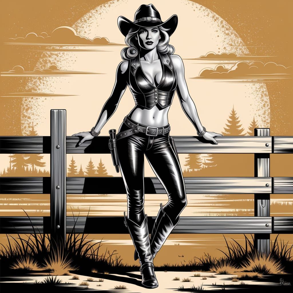 Confident Cowgirl in Golden Sunset Western Landscape