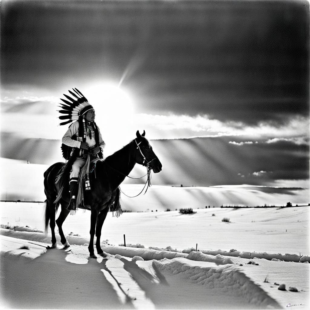 Cheyenne Native American in Winter Sunset, Ink Drawing