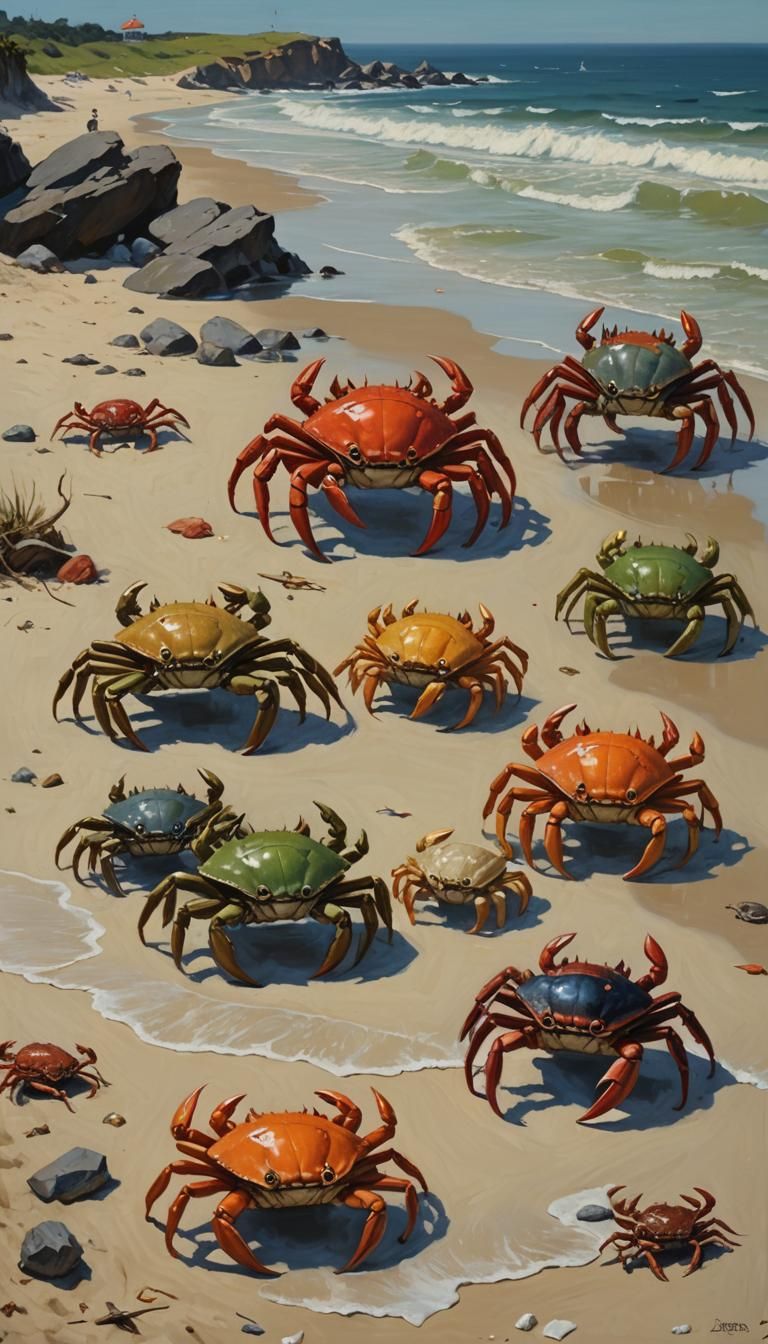 Crab monsters on the beach ; pulp fiction aesthetic