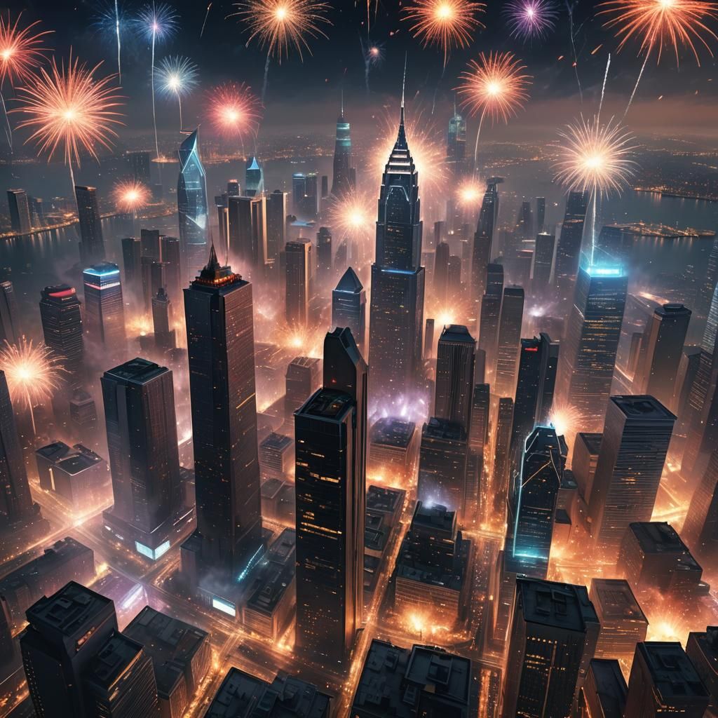 Fireworks Explode Over Metropolis: Cinematic Digital Paintin...