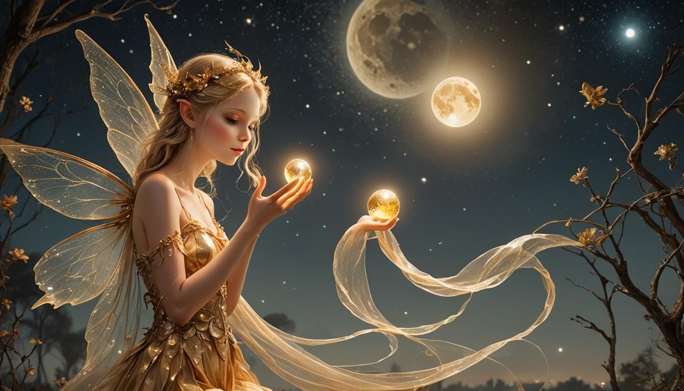 Golden Fairy with Glowing Orb Fantasy Art