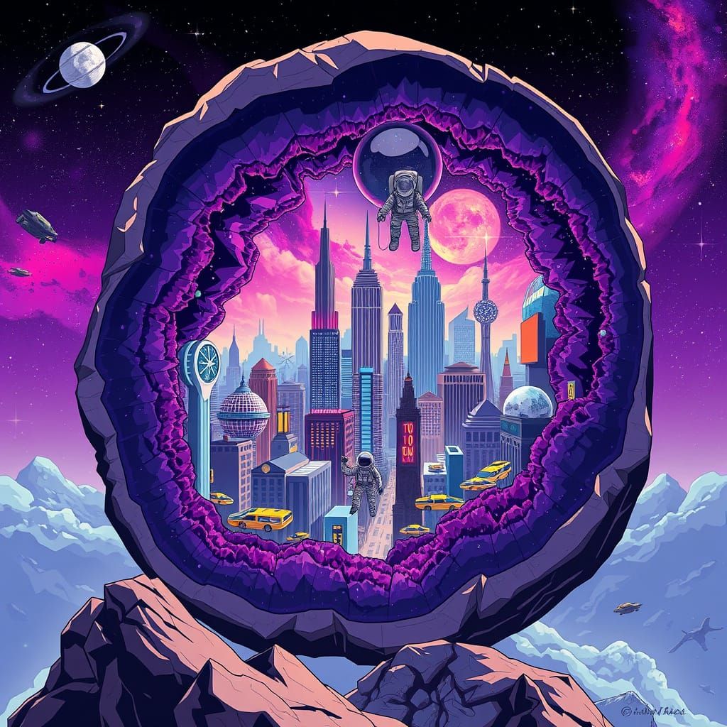 Retro-Futuristic City in Amethyst Geode, Syd Mead Style