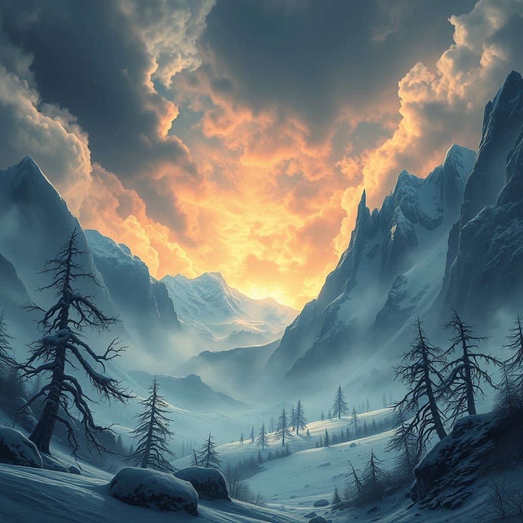 Majestic Fantasy Valley Under Snowy Turbulent Skies