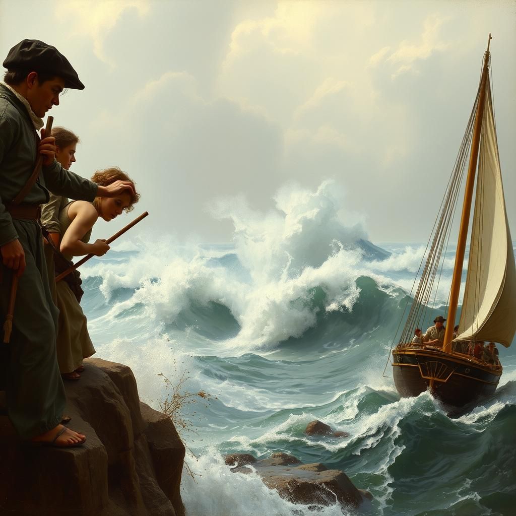 Figures Fight Storm on Cliff, Turner-Inspired Seascape