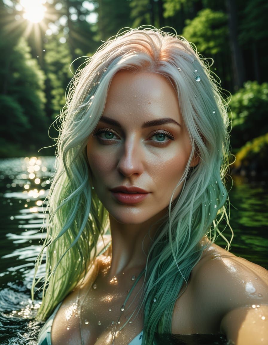 Renaissance Woman Swimming in Forest Lake