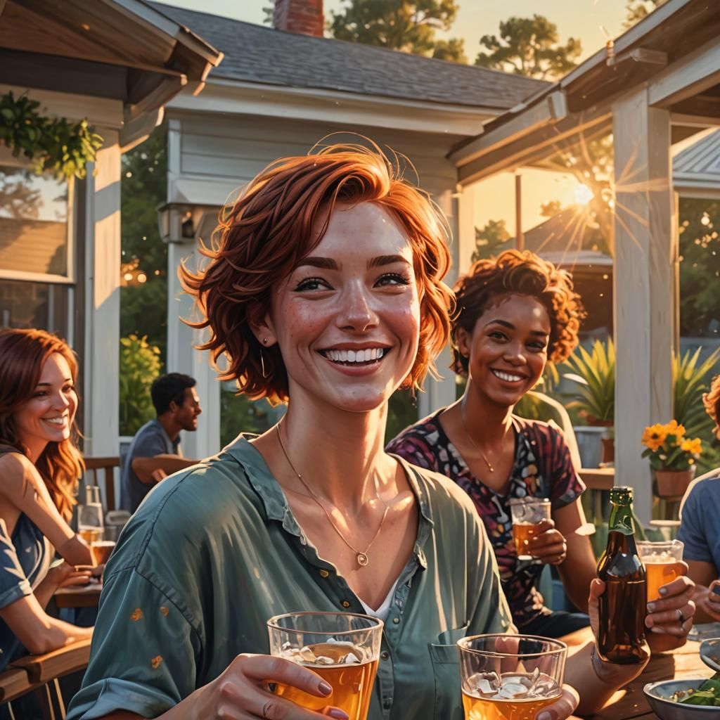 Friends Enjoying Sunset Drinks: Hyperrealistic Splash Art