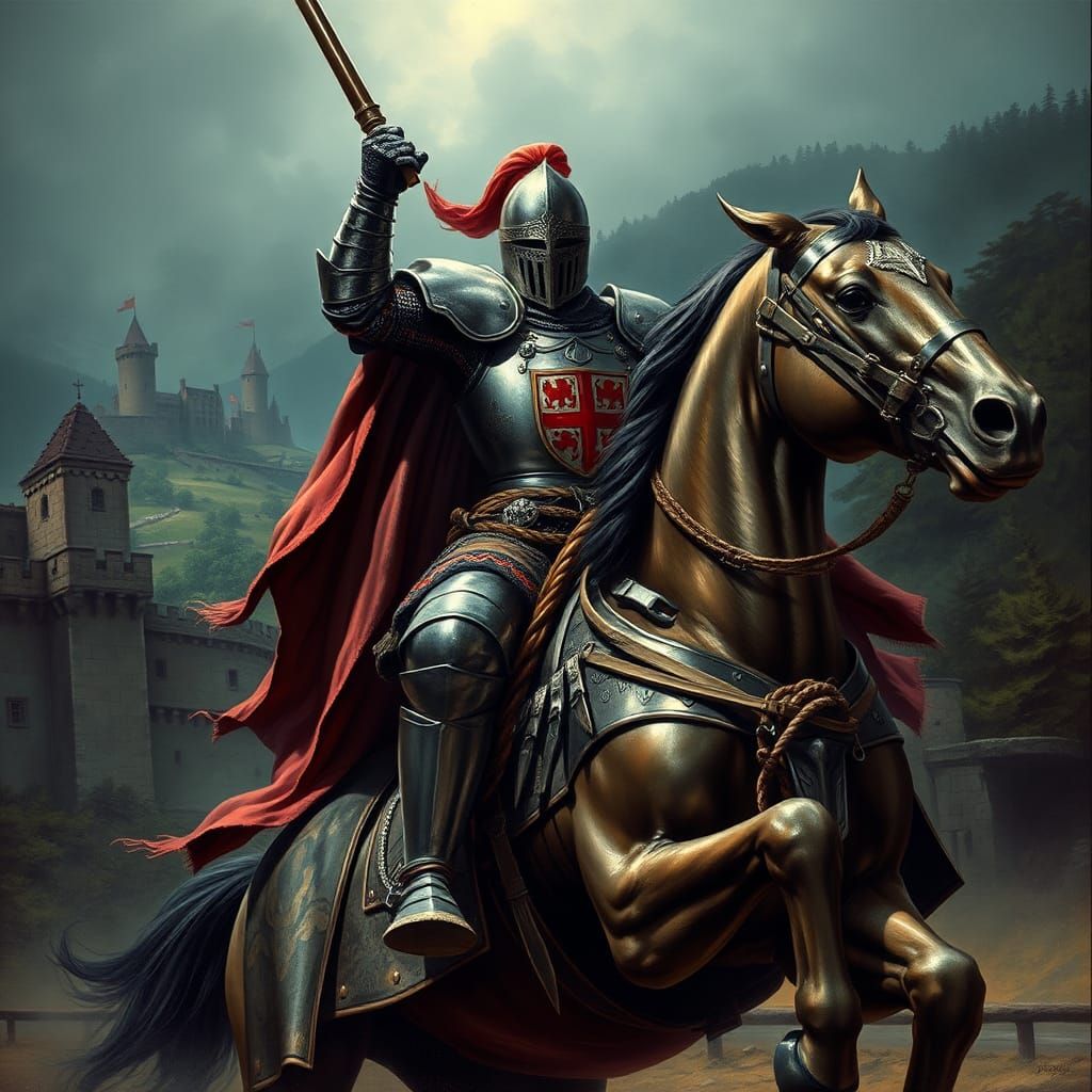 Armored Knight Jousting in Medieval Landscape