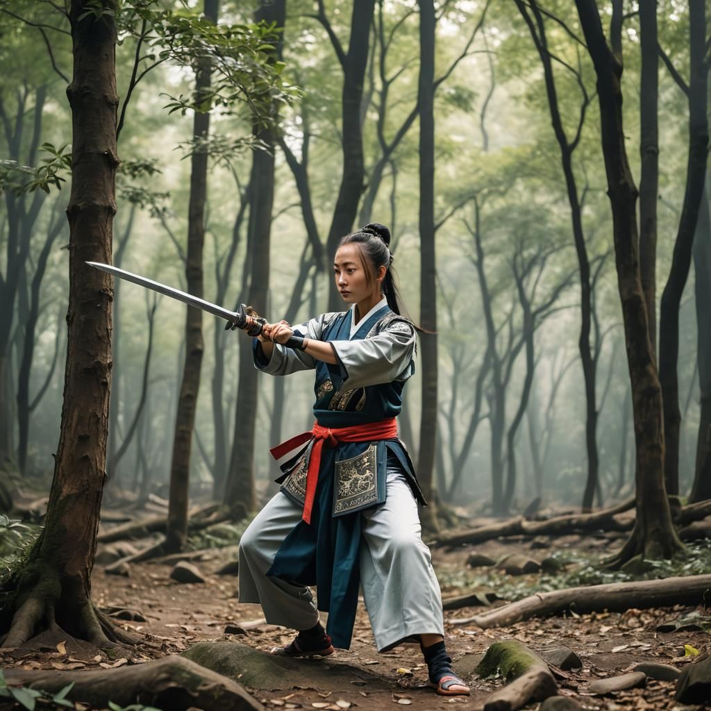 Female Wushu Warrior with Sword in Forest