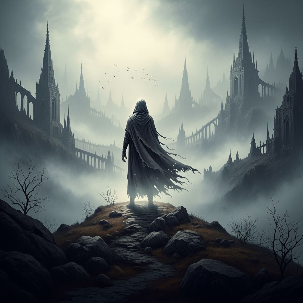 Ethereal Figure in Gothic Fantasy Landscape