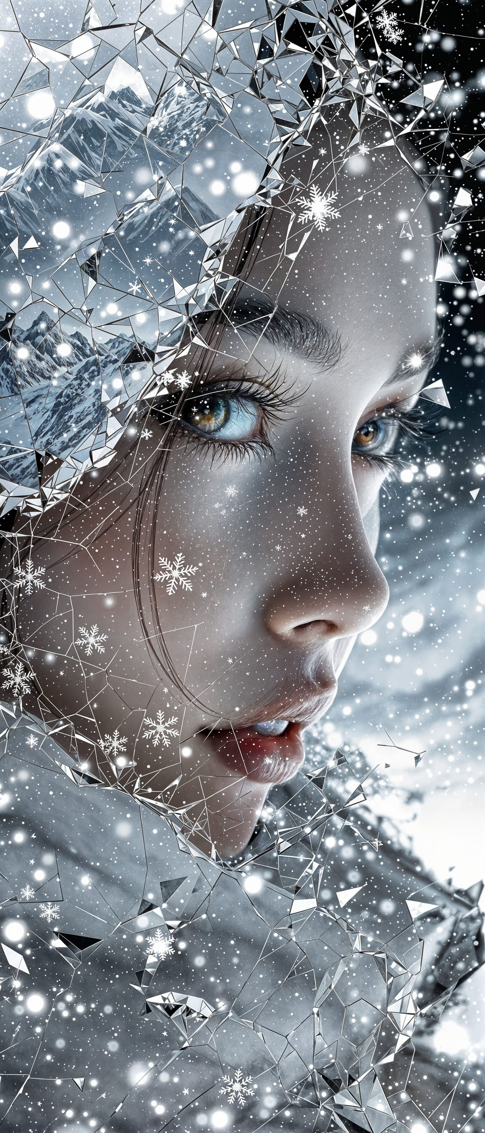 Ethereal Winter Portrait in a Fragmented Mirror