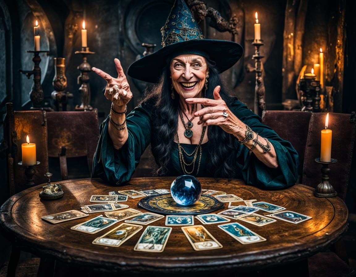 Trance-Eyed Witch Points at Camera with Tarot Cards