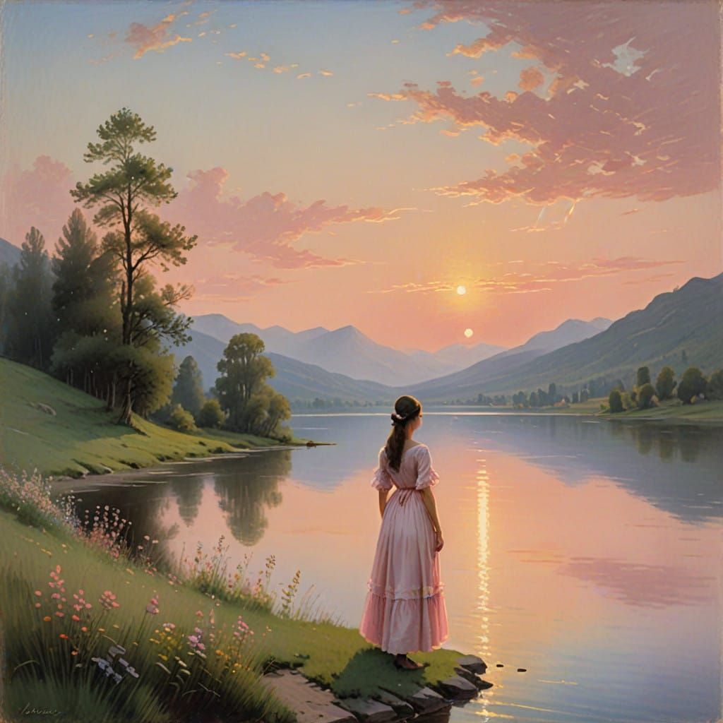 Serenely Standing at Sunset's Edge in Soft Impressionistic H...