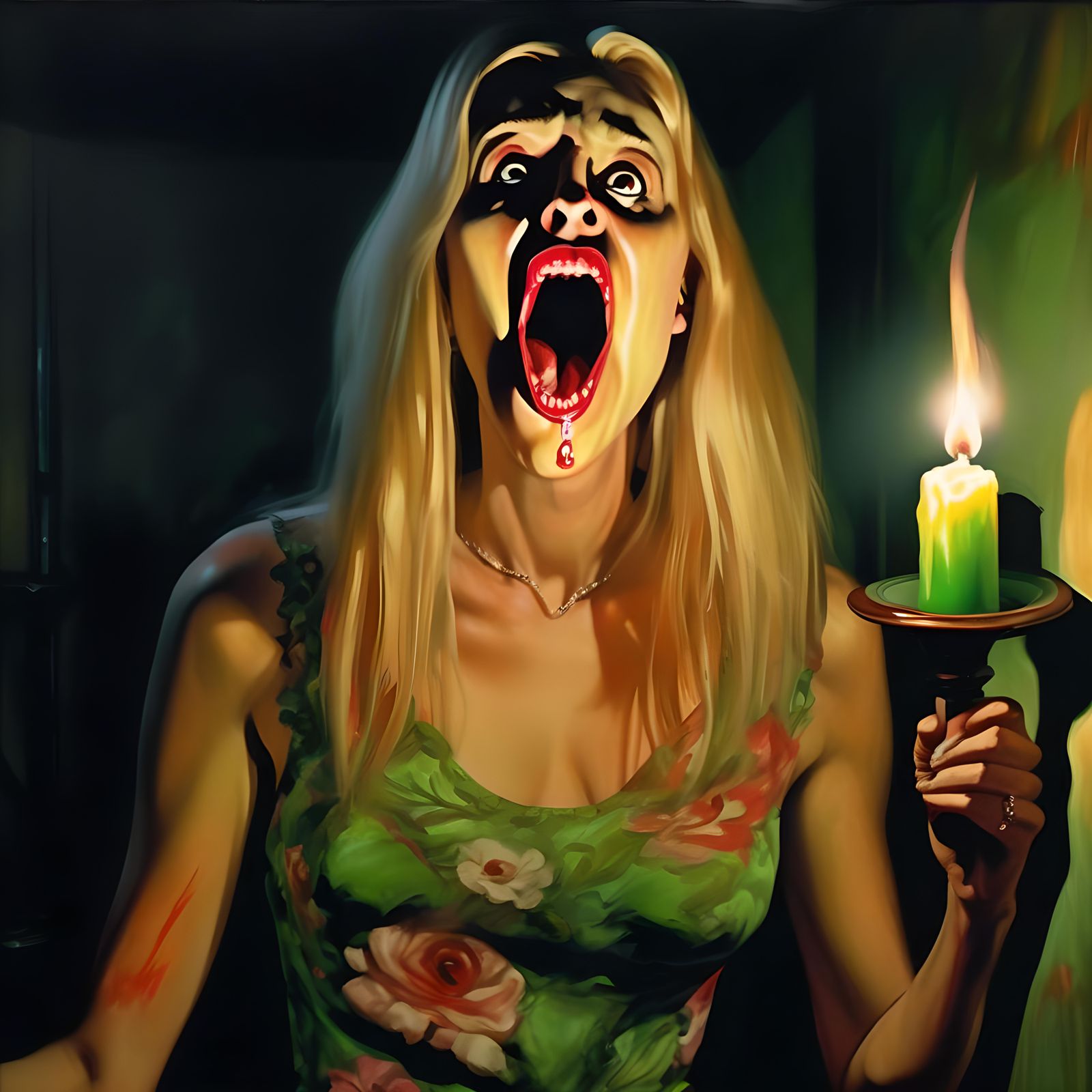 Surreal Woman with Candle in Basement Setting