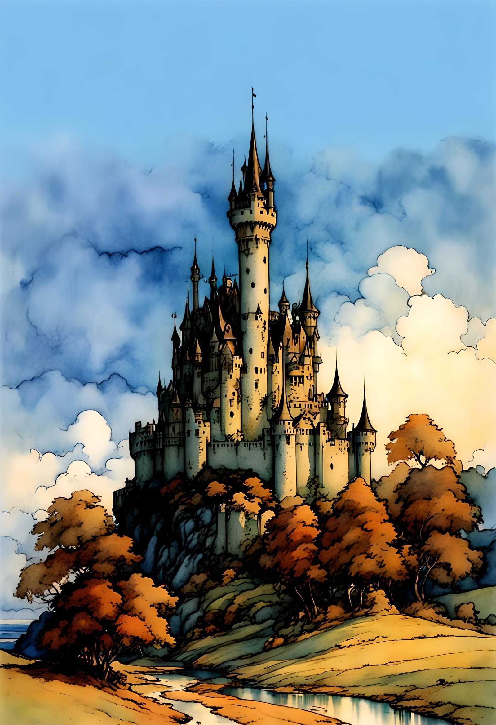 Beautiful fantasy fairy castle,   art by arthur rackham