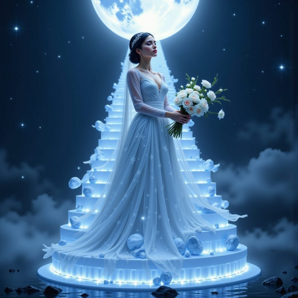 Ethereal Woman Descends Moonlight Staircase