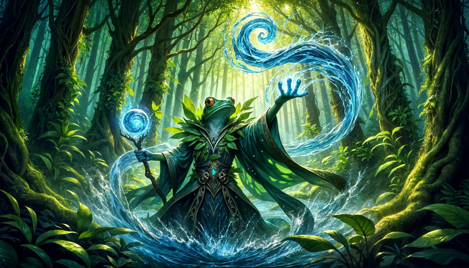 Amphibious Sorcerer Casting Water Spell in Forest