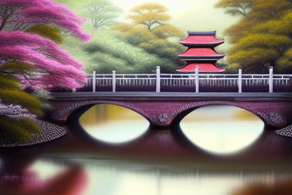 Japanese Temple Waterside Scene: Digital Art Masterpiece