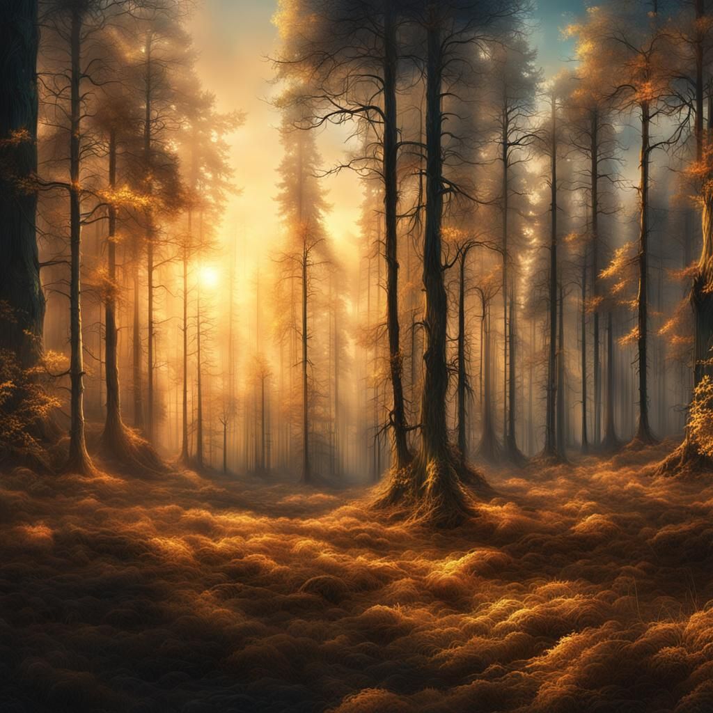 Mystic Forest: Golden Trees in Sunset Light