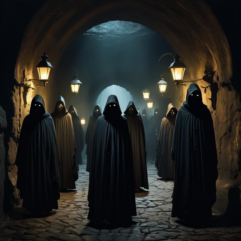 Lantern Bearers in Ancient Cavern: Surreal Realism