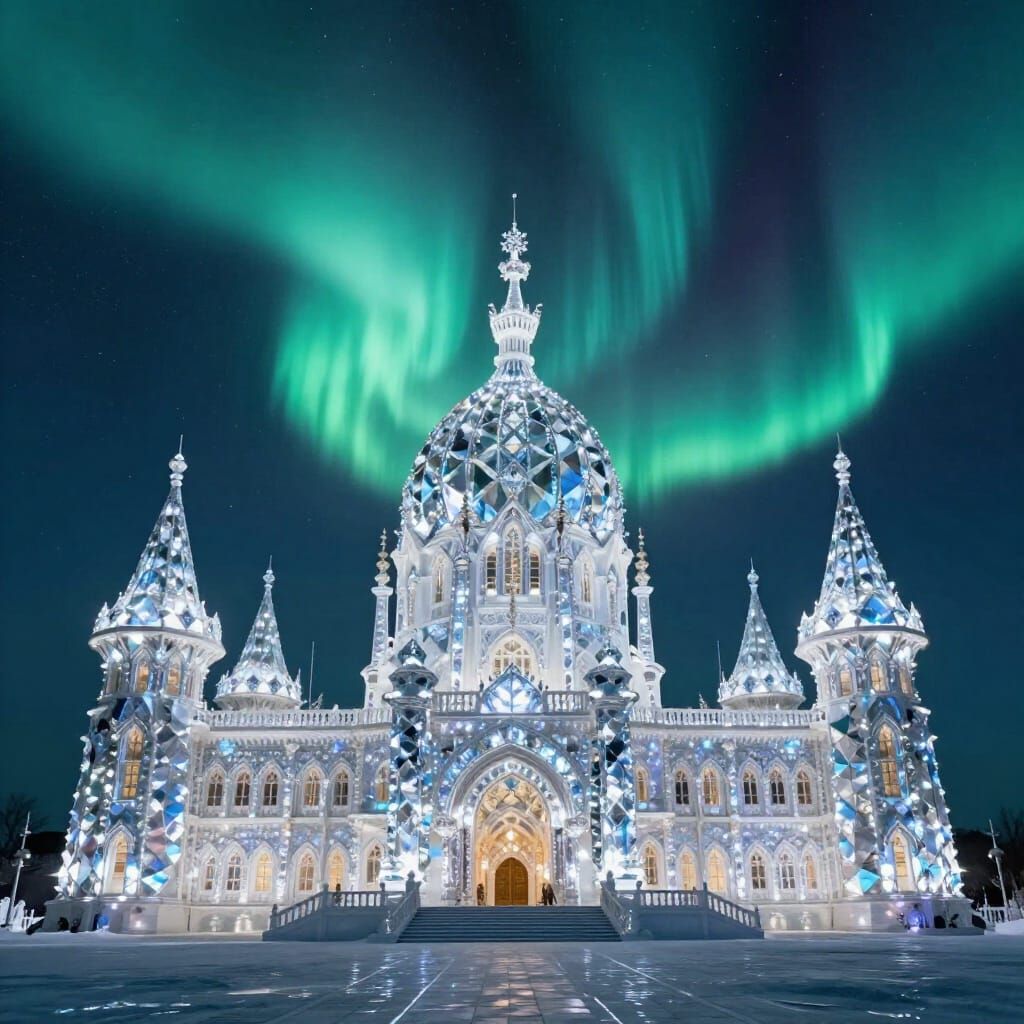 Immense Diamond Palace Under Aurora Borealis