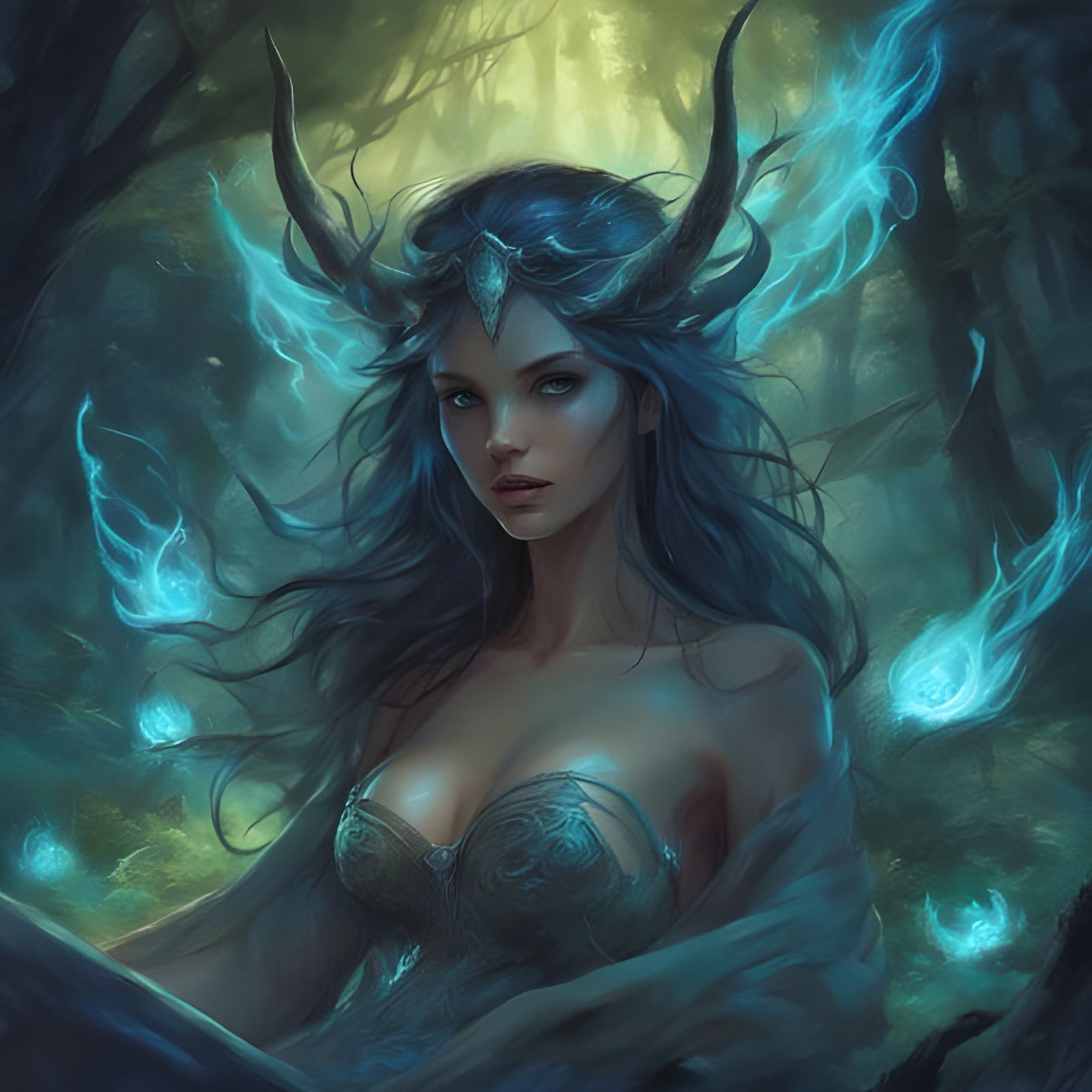 Glowing Enchantress in Dark Magic Forest