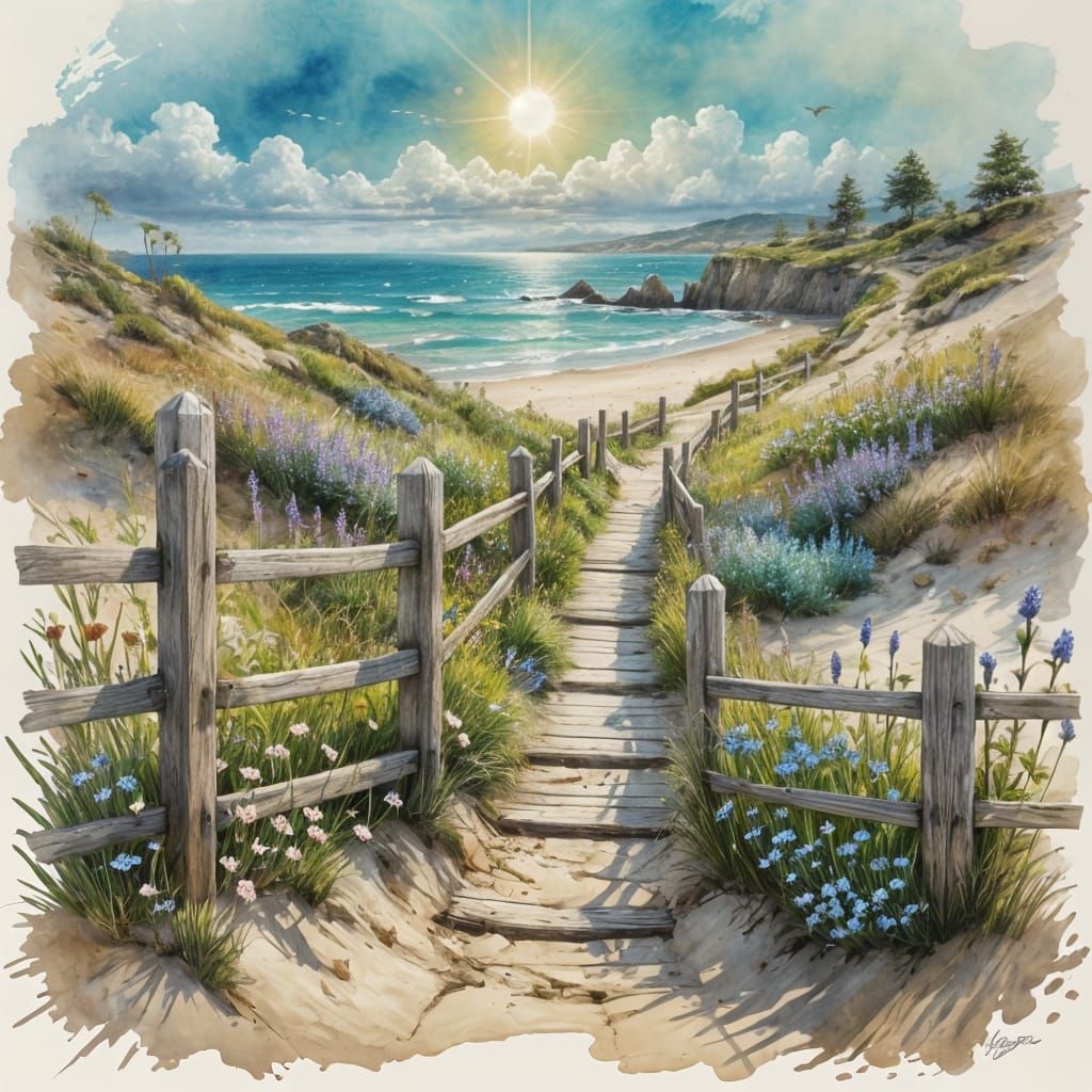 Dreamlike Coastal Pathway in Stylized Watercolor