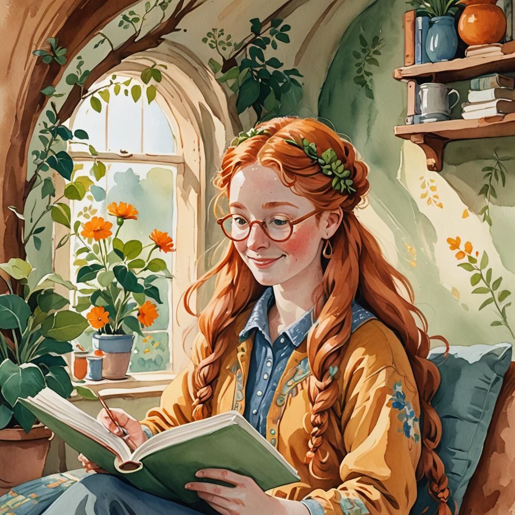 Ginger Woman Reading: Whimsical Gouache Storybook Art