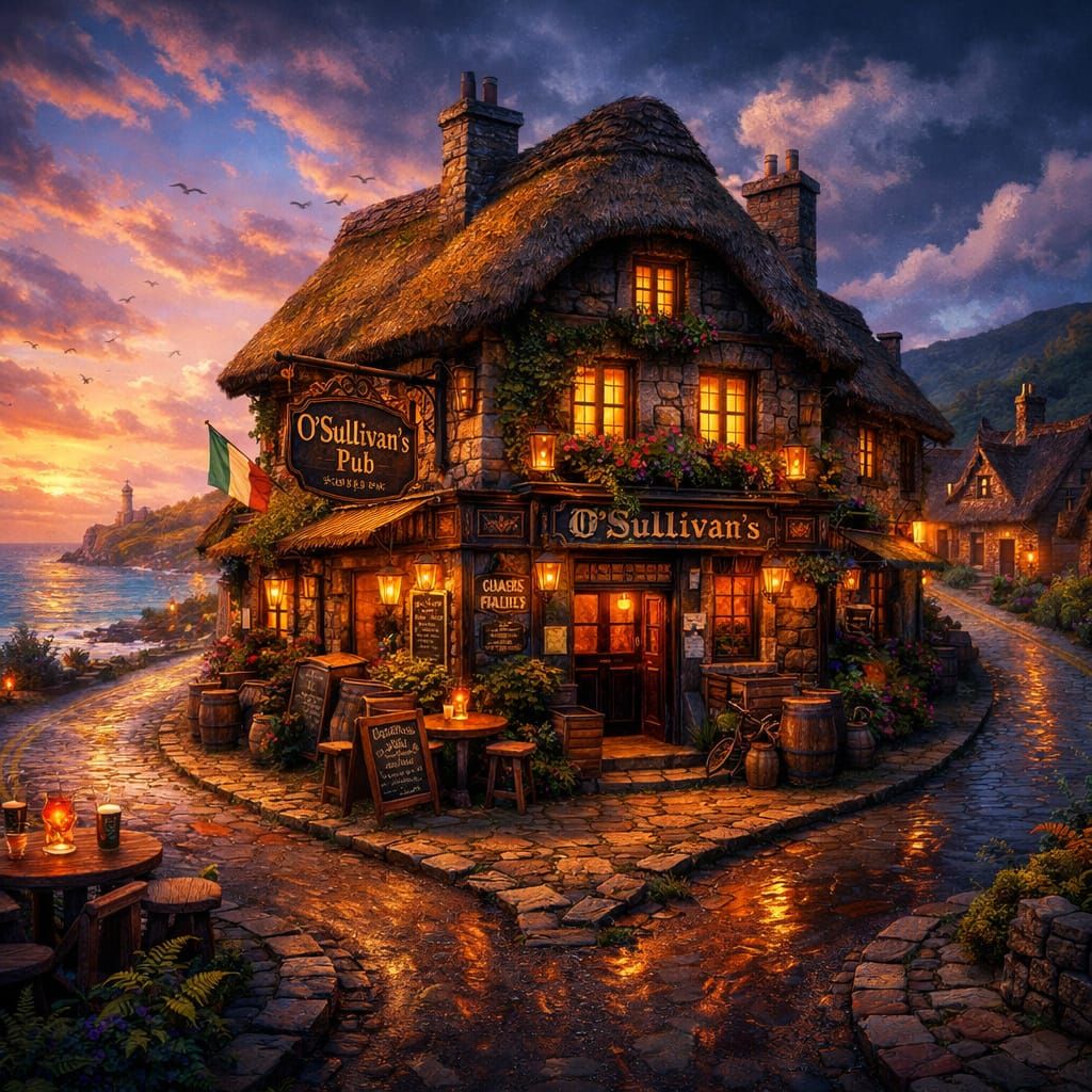 Old Irish Pub in Quaint Village Matte Painting