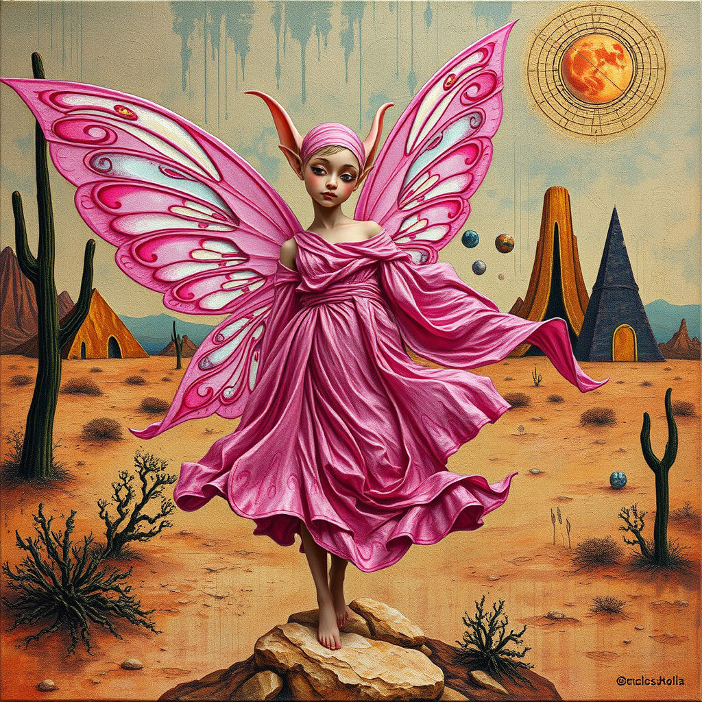 Surreal Pink Fairy Elf in Abstract Desert