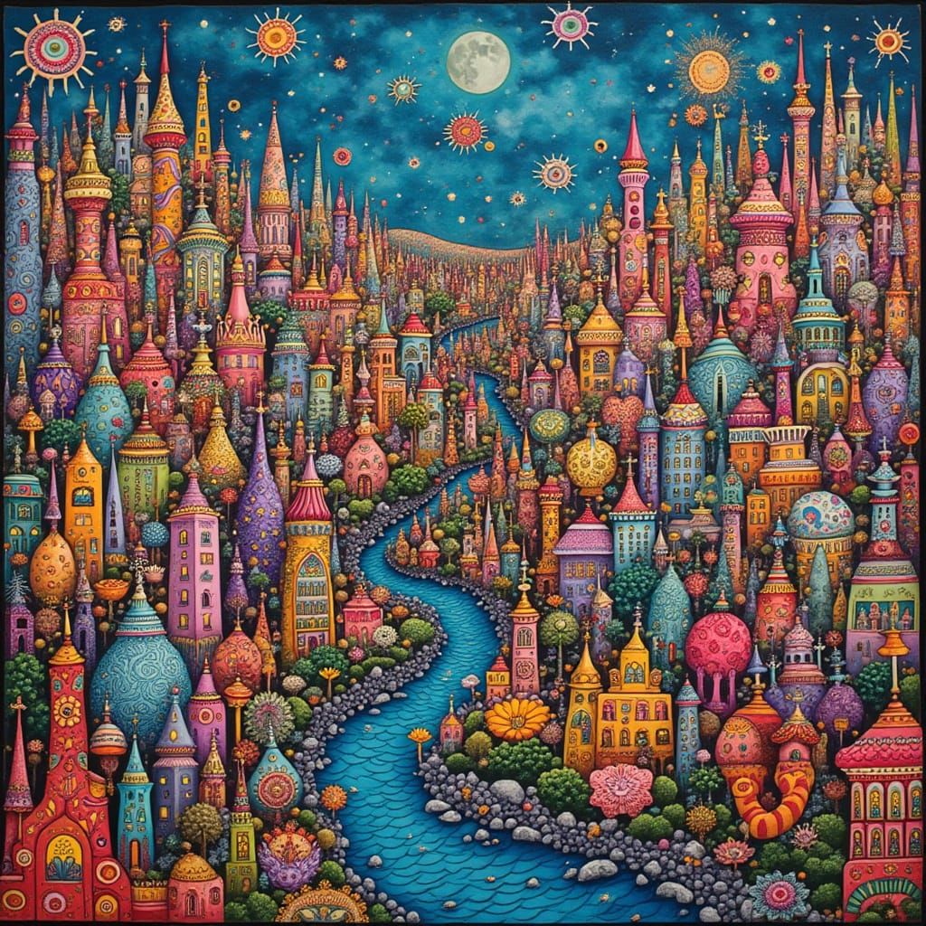 Psychedelic Zentangle Cityscape with Fractal Buildings