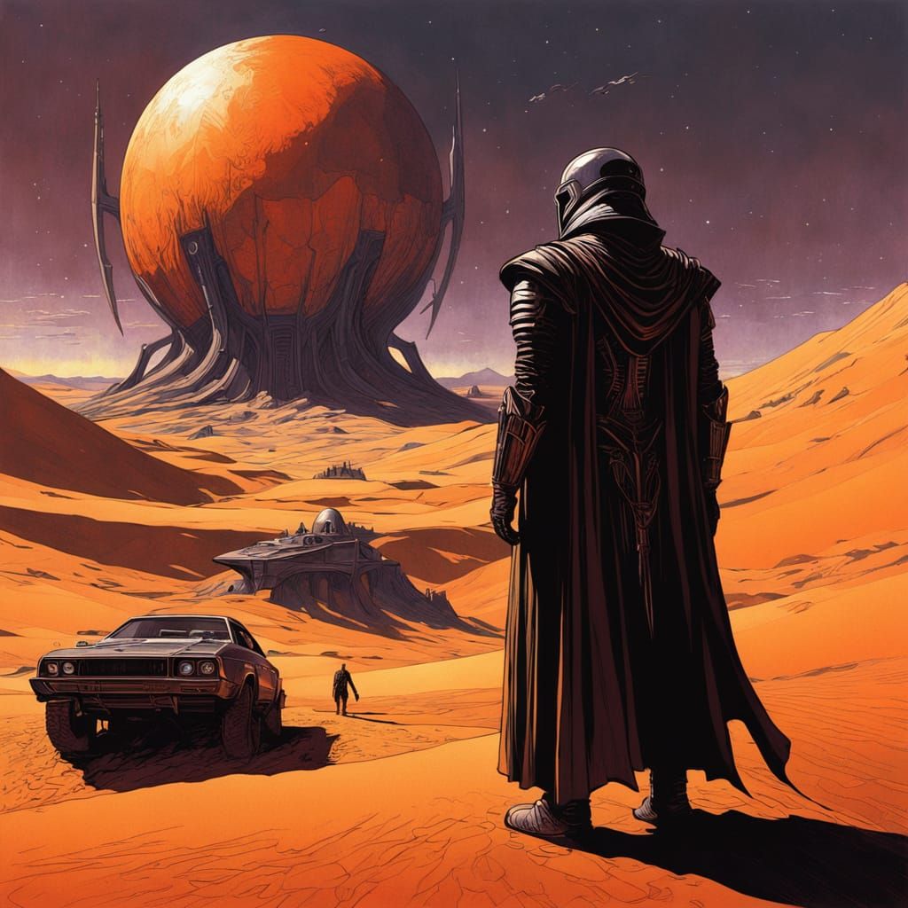 Futuristic Dune Landscape with Heroic Figure and Ominous San...