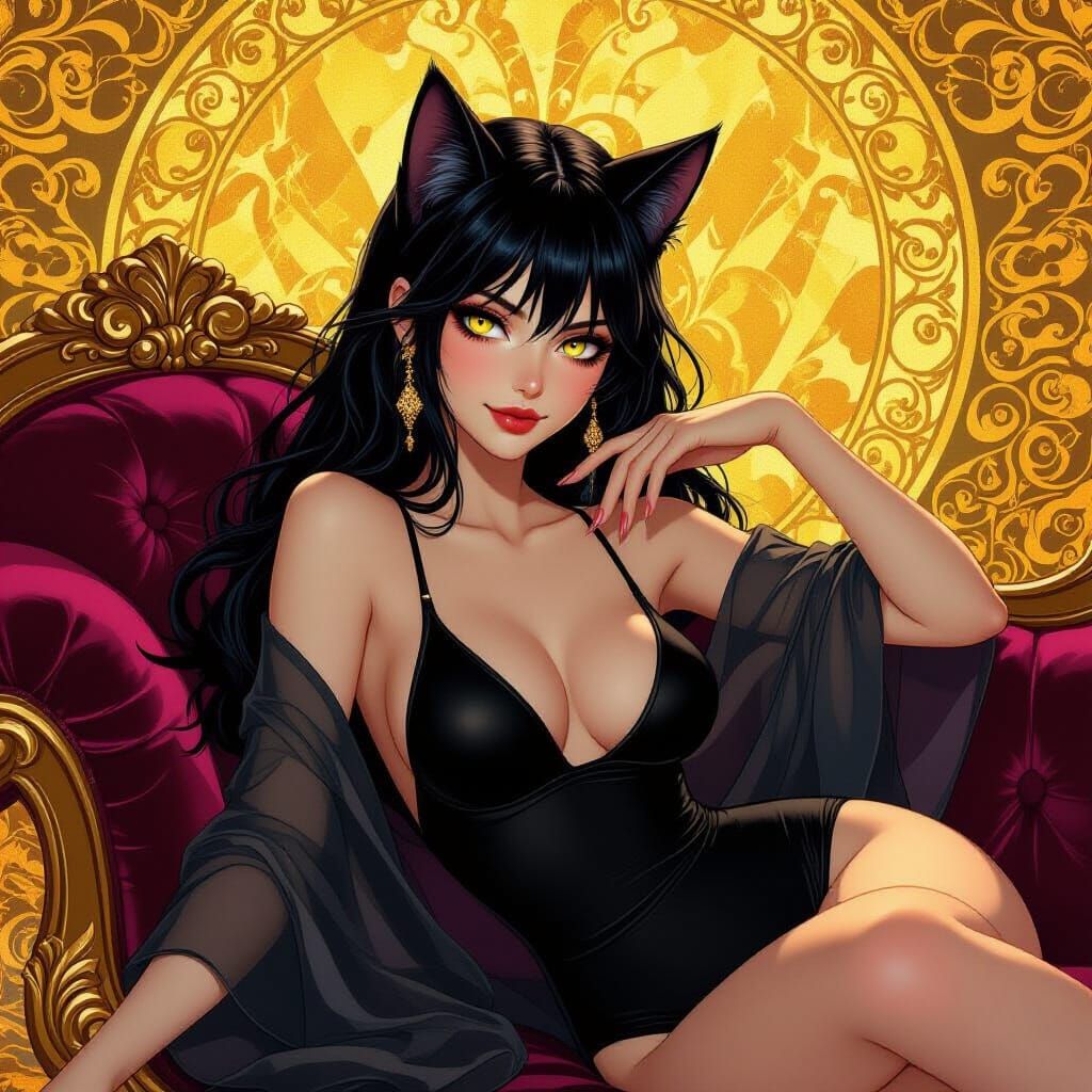 Elegant Woman with Cat Ears in Klimt-Inspired Style